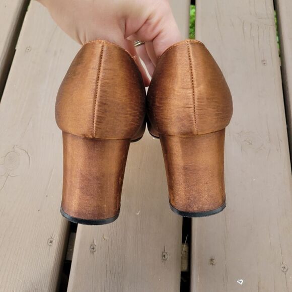 Vintage 90s y2k Fashion Bug Brown Satin Open Toe Chunky Formal Glam Heel Pumps 9 - Picture 5 of 8